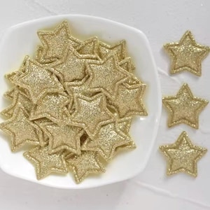 Adornos de tela en forma de estrella, estrellas de tela acolchadas con purpurina dorada de 25 mm, adornos de tela para manualidades, pequeñas estrellas doradas, suministros para manualidades, juego de 20