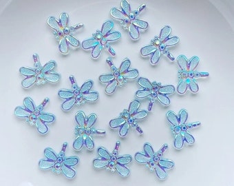 Dragonfly resin cabochons, blue 12mm dragonfly embellishments, resin flat back cabochon, blue rhinestone effect dragonfly