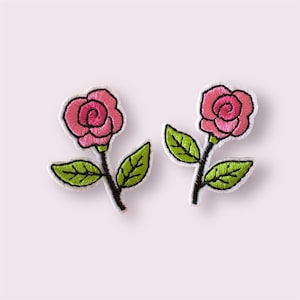 Flower iron on patches, pink applique flower patch, mini embroidered floral rose patch, no sew patches, sewing supplies