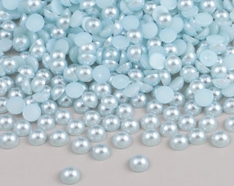 Pearl effect half round cabochons, 8mm round flat back embellishments, pale blue resin cabochons, set of 30