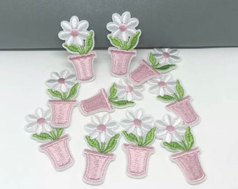 White Flower in pot iron on patches x 2