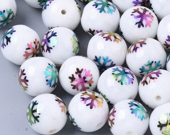10mm white snowflake electroplate beads, glass round, 20pcs