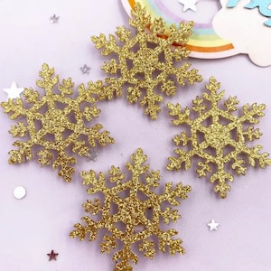 Felt gold snowflake shapes, 42mm gold sparkly glitter snowflake patch, Christmas embellishments, applique snowflake, set of 2, 5