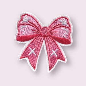 Bow iron on patch, pink bow appliqué, small embroidered patch, sewing supplies, garment patch, no sew patches