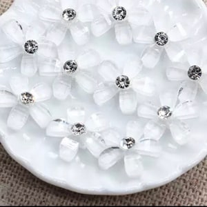 Flower cabochons, white rhinestone 10mm floral embellishments, flat back resin flower, set of 20