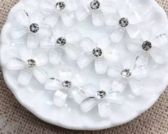 Flower cabochons, white rhinestone 10mm floral embellishments, flat back resin flower, set of 20