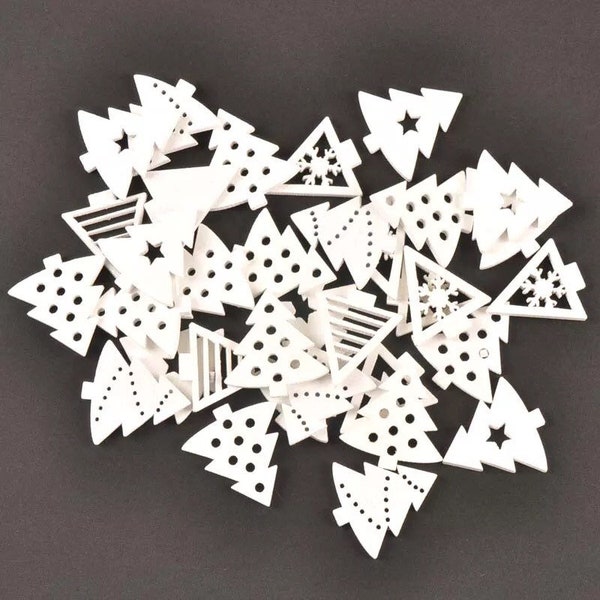 White Christmas tree wooden shapes, 3cm xmas tree embellishments, xmas wooden craft shapes, xmas card making supplies, set of 14
