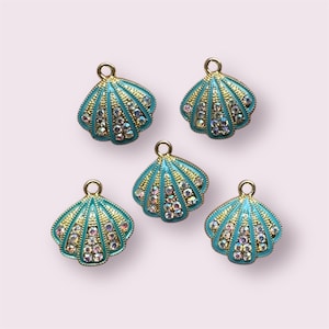 Seashell enamel charms, 17mm blue enamel shell charms, rhinestone shell pendant, seashell earring charms, jewellery findings, 2pc