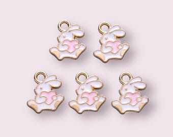 Rabbit enamel charms, 13mm white enamel rabbit, rabbit and heart charm, animal charms, earring charms, cute charms, 2pcs, 5pcs