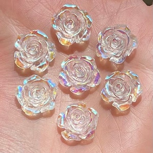 Cabochon de fleur rose transparent, fleur en résine transparente de 15 mm, embellissements de fleurs à dos plat, cabochon artisanal floral,