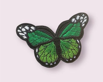 Butterfly patch, green embroidered patches, iron on 7cm butterfly appliqué patch, embroidered butterfly garment patch, no sew patches