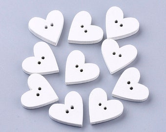 Wooden white heart buttons, 19mm