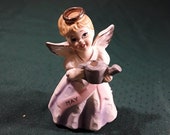 Ceramic May Angel with Tea Pot, Pitcher, Gold Painted Wing Tips, Halo. Cute Hand Painted Face. 5 quot Tall, 1950 39 s. Dress embossed with flowers