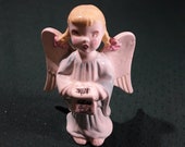 Vintage Ceramic Choir Pig Tails Angel in Blue Robe, Reading from a Song Scroll. 5 quot Tall, 1950 39 s. Nice Condition. Cute Hand Painted Face.