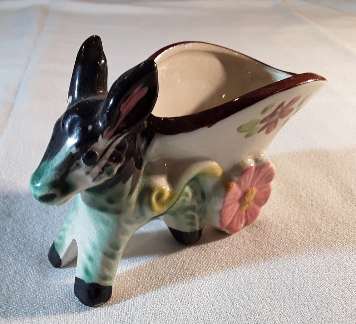 Vintage Ceramic Donkey Pulling a Cart Plant Holder. Adorable Etsy