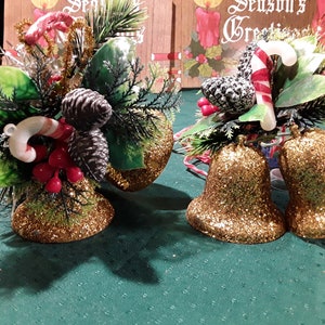 Vintage Glitter Bell Door Hanger Decorations with Plastic Pinecones, Candy Cane, Greenery, Holly Berries, Tinsel. 2 decorations at 7&quot; each.