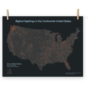 Bigfoot Sightings Hotspots in the Continental United States Map - Cryptid Maps (12 inches x 16 inches, 18 inches x 24 inches)