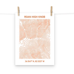 Map of Roan Mountain - Roan High Knob Contours and Coordinates Map (36.1047 N, 82.1223 W) Poster