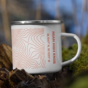 Map Mug of Roan Mountain / Roan High Knob Contours and Coordinates Camping Mug ( Enamel, 12 fl oz) 36.1047 N, 82.1223 W