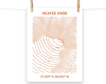 McAfee Knob Contour Map and Coordinates Poster (37.3929 N, 80.0367 W)