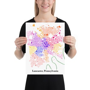 Vibrant/Colorful Lancaster City Pennsylvania Neighborhoods Map Poster (12 in x 16 in)
