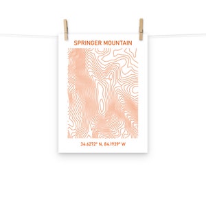 Map of Springer Mountain Showing Contours and Coordinates (34.6272 N, 84.1939 W ) - Poster Print