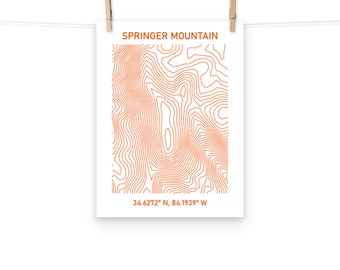 Map of Springer Mountain Showing Contours and Coordinates (34.6272 N, 84.1939 W ) - Poster Print