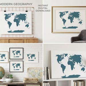 Printable World Map – Digital Download, Slate Blue Textured, Modern Minimalist Wall Art, Instant Download