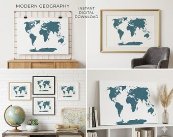 Printable World Map – Digital Download, Slate Blue Textured, Modern Minimalist Wall Art, Instant Download