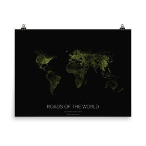 World Roadways Map Poster - Global Roads Network Map (black and yellow)