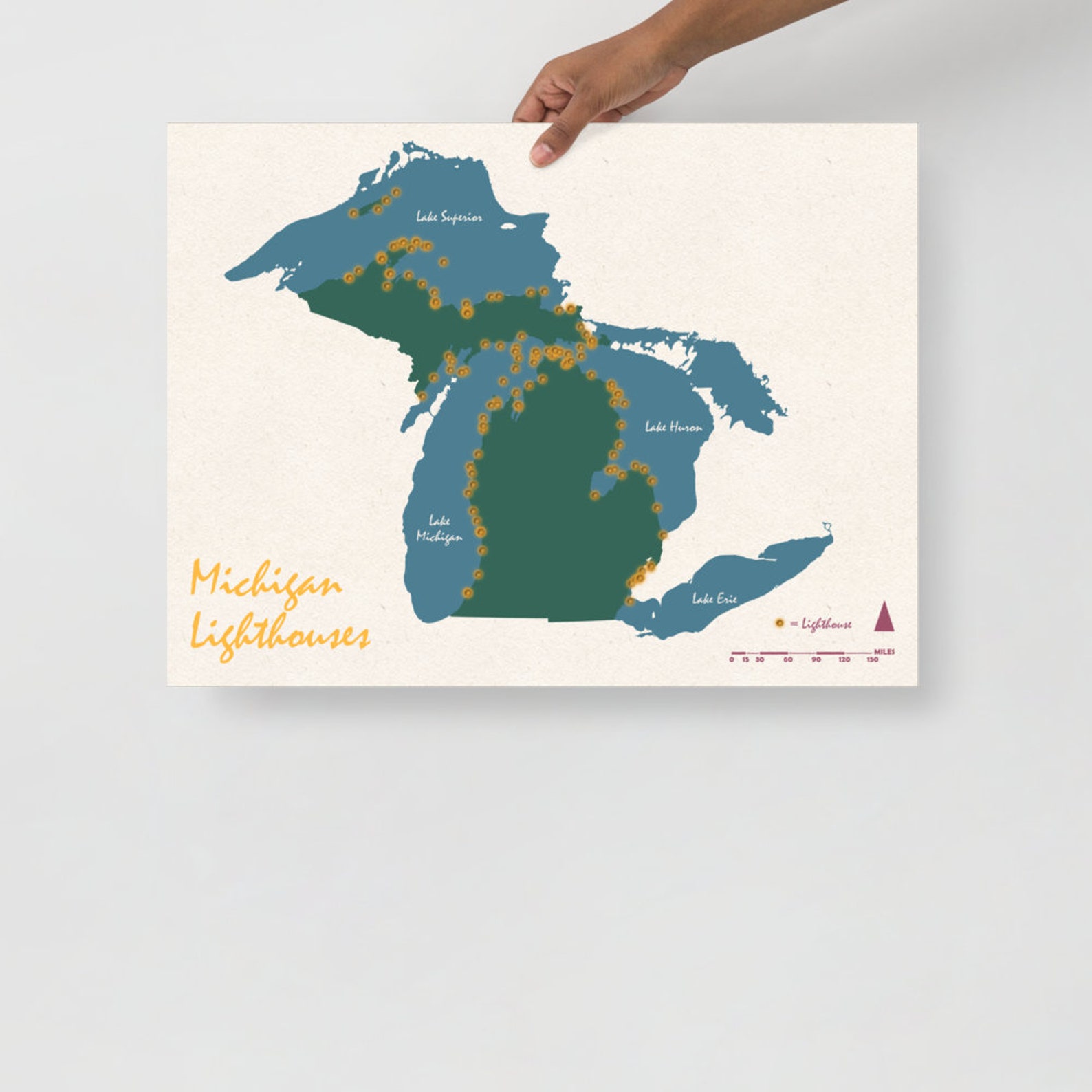 Michigan Lighthouse Map – Great Lakes Art Print (18x24 Inches) - Etsy