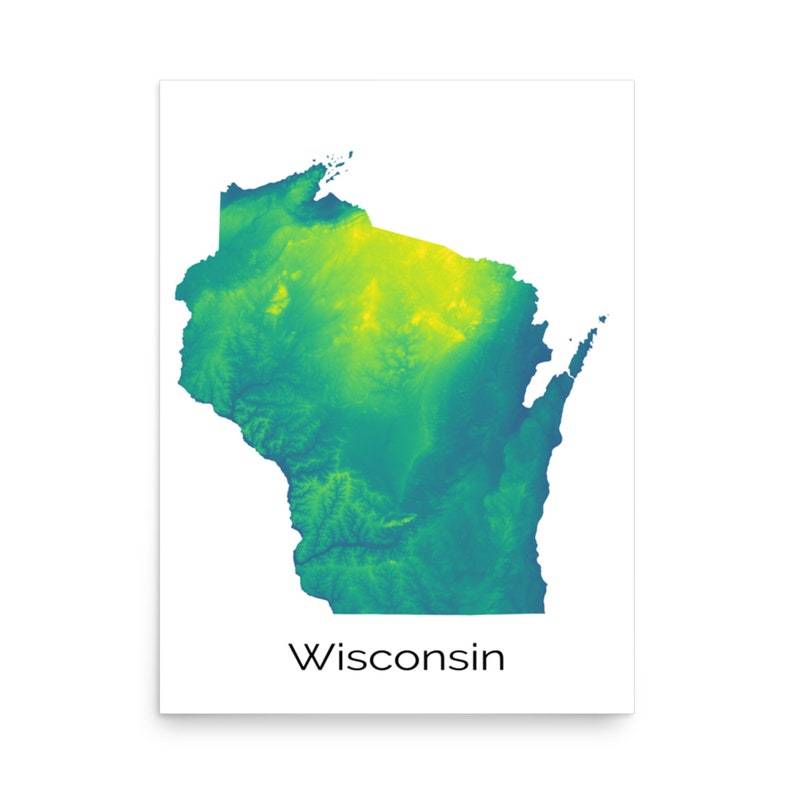 Map of Wisconsin Featuring Digital Elevation Model Etsy