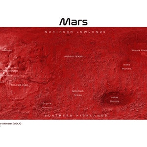 Map of Mars - Printable Map of Mars using NASA Lidar data - Red Planet Map