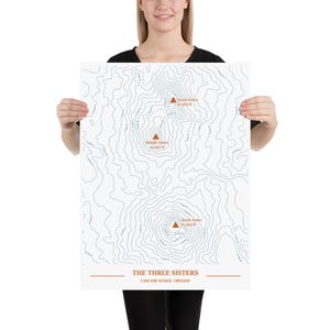 May include: A white poster featuring a topographic map of The Three Sisters mountains in Oregon. The map uses blue contour lines and includes the names and elevations of the peaks. Text at the bottom reads "THE THREE SISTERS CASCADE RANGE, OREGON."