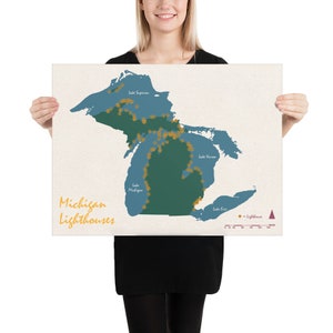 Map of Michigan's Lighthouses - Michigan Lighthouse Map - Great Lakes Map - 18 inches x 24 inches