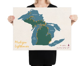 Michigan Lighthouse Map – Great Lakes Art Print (18x24 inches)