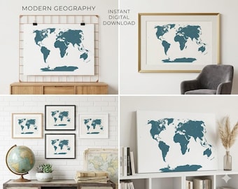 Winkel Triple World Map Poster – Teal Gold Minimalist Projection (Digital Download)