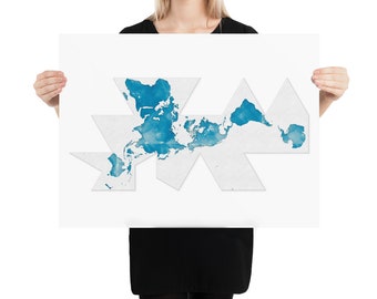 Dymaxion Map Art Print – Watercolor, Buckminster Fuller Projection, Minimalist Geometric Earth Wall Art