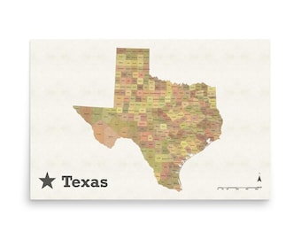 Texas Political Map Print – Lone Star State Counties (multiple sizes - Matte Paper)
