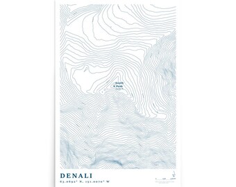Denali Topographic Map Print – Minimalist South Peak Contour Map – 20,310 ft Summit Poster