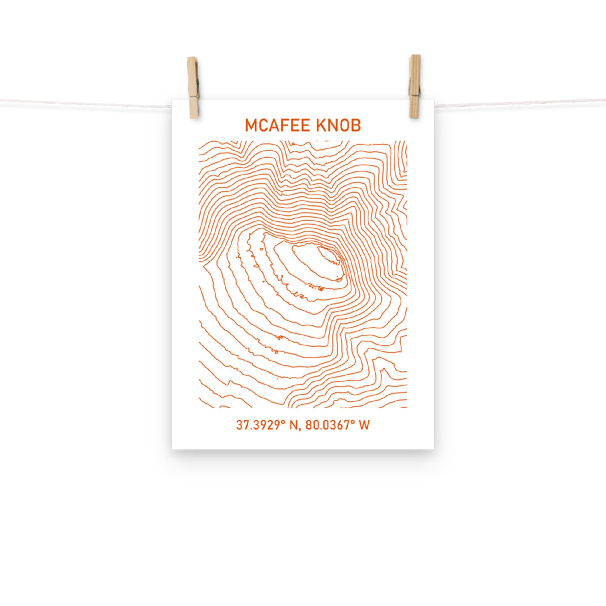 McAfee Knob Contour Map and Coordinates Poster (37.3929 N, 80.0367 W)