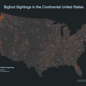 May include: A map of the Continental United States showing the number of Bigfoot sightings. The map uses orange circles to indicate the number of sightings per 1,000 sq mile hexagonal bins. The title reads "Bigfoot Sightings in the Continental United States."