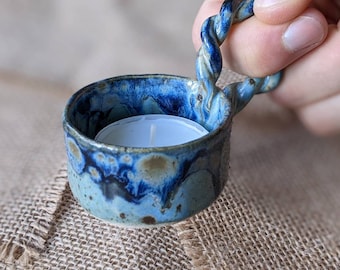 Handmade Ceramic Tea Light Holder with Twist Handle, Vanilla Scent
