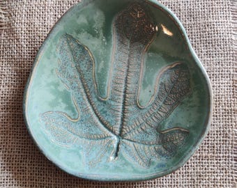 Handmade Ceramic Trinket Dish, Green Leaf Print, Jewelry Holder