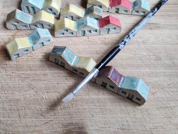 Ceramic Paintbrush Holder/Houses Artists Brush Rest/Bespoke Painters Gift/ Rustic Cottages Ornament