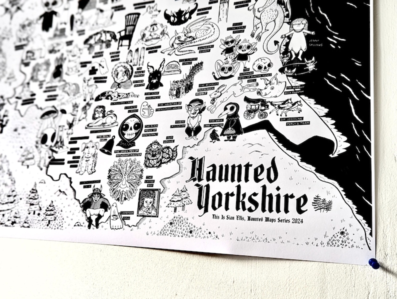 May include: A black and white illustrated map of haunted locations in Yorkshire, England. The map is titled "Haunted Yorkshire" and includes the text "This is Stan Ellis, Haunted Maps Series 2024".