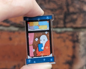 Cosy Ghost Reading Book At Snowy Window Wintery Pin Badge