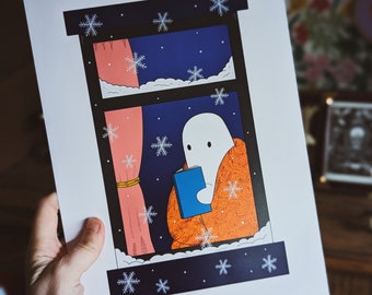 Cosy Snowy Window Ghost with Book A4 Art Print