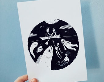 Spooky Lake Lovers A5 Black and White Gothic Print