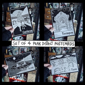 May include: Set of four black and white illustrated postcards featuring scenes from the Peak District. The postcards depict a horse and rider, a gate, a mermaid, and a graveyard.